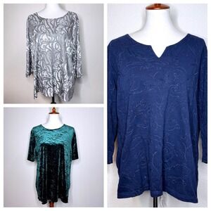 CHICOS Bundle of 3 Tops Sz 3 XL Silver Swirls Green Velvet Embroidered Navy